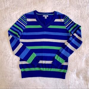 IZOD Cotton Blue and Green Striped V-Neck Sweater